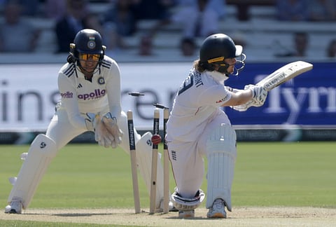 England's Nat Sciver-Brunt is bowled by India's Sneh Rana during day three of the first Women's Test match at Lord's cricket ground in London, Sunday July 12, 2026. 