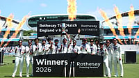 AP Photo/Steven Paston : India players celebrate with the trophy following the victory in the test match during day four of the first Women's Rothesay Test cricket match between England and India in London, England, Monday, July 13, 2026. 