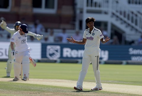 India's Kranti Goud, right, celebrates after taking the wicket of England's Heather Knight, left, during day three of the first Women's Test match at Lord's cricket ground in London, Sunday July 12, 2026. 