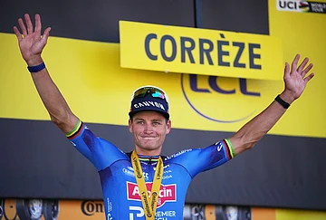 | Photo: AP/Mosa'ab Elshamy : Netherland's Mathieu van der Poel celebrates on the podium after winning the ninth stage of the Tour de France cycling race with start in Malemort and finish in Ussel, France, Sunday, July 12, 2026.