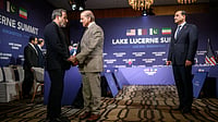(Fabrice Coffrini/Keystone via AP) : Iran's Foreign Minister Abbas Araghchi at Lake Lucerne Summit