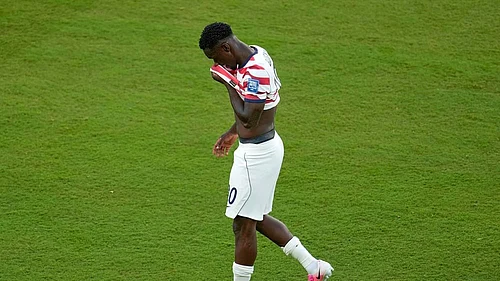 | Photo: AP/Jeff Chiu : United States Folarin Balogun (20) reacts to a red card during the World Cup round of 32 soccer match between the United States and Bosnia in Santa Clara, Calif., near San Francisco, Wednesday, July 1, 2026.
