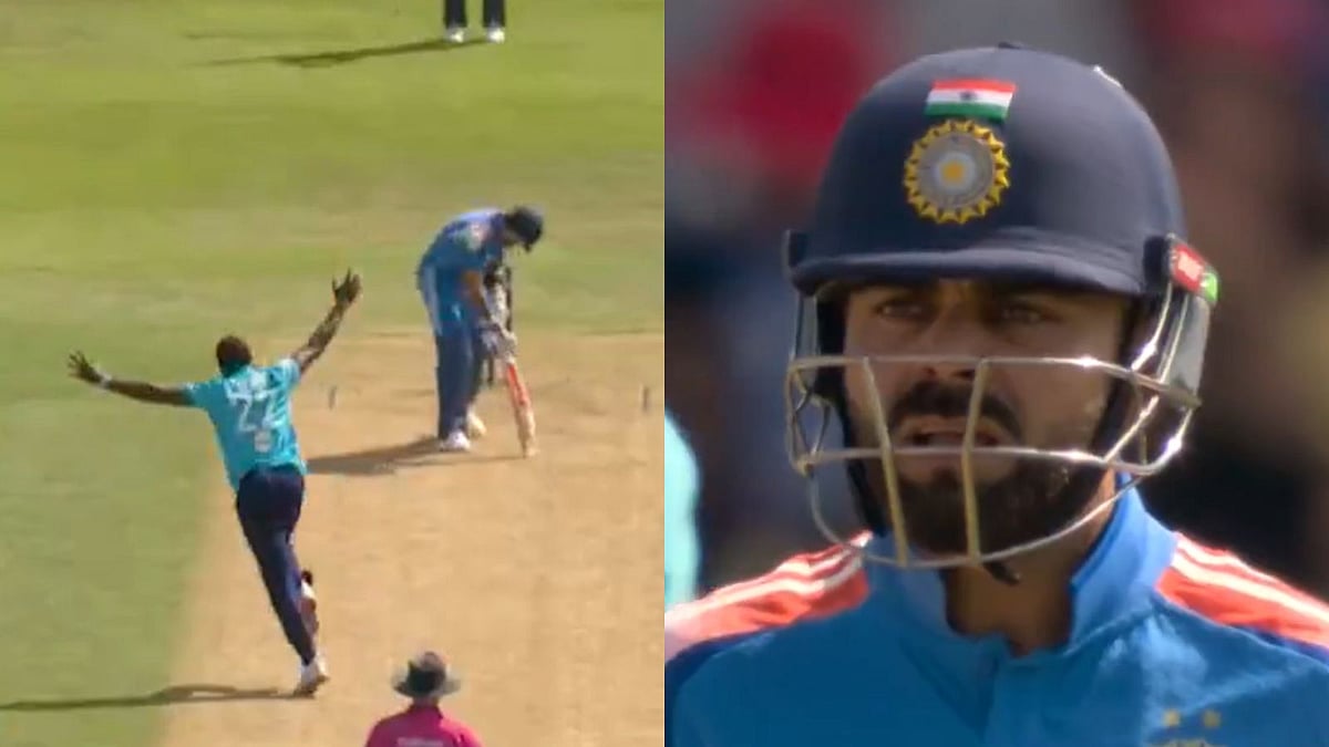 A screengrab composite captures the moment England fast bowler Jofra Archer traps Virat Kohli LBW during the first ODI at Edgbaston. The left panel shows Archer appealing emphatically after the delivery struck Kohli on the pads, with the umpire standing behind the stumps. The right panel is a close-up of Kohli's disappointed expression moments after the dismissal - Photo Credit: ECB/X (formerly Twitter)