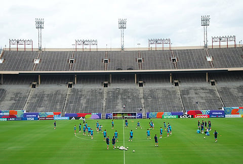 Spain players participate in a training session ahead of the team's semifinal soccer match against France, Monday, July 13, 2026, in Dallas. 