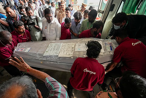 Mortal remains of victims, who were killed in the boat accident off Vietnam's Phu Quoc Island, arrive at Chennai airport, in Chennai, Tamil Nadu.