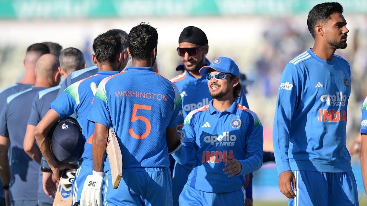 India's Washington Sundar celebrates with teammates following the first ODI cricket match between England and India in Birmingham, England, Tuesday, July 14, 2026 - (Gary Oakley/PA via AP)