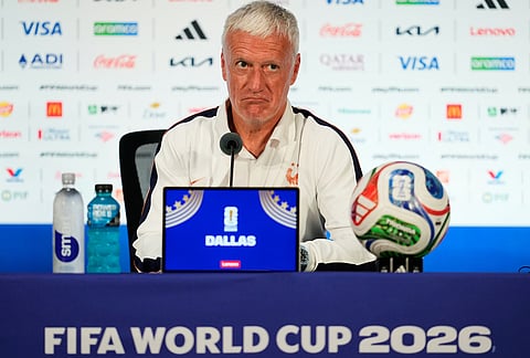 France head coach Didier Deschamps responds to a question during a news conference Monday, July 13, 2026, in Arlington, Texas, ahead of the team's World Cup semifinal soccer match against Spain. 