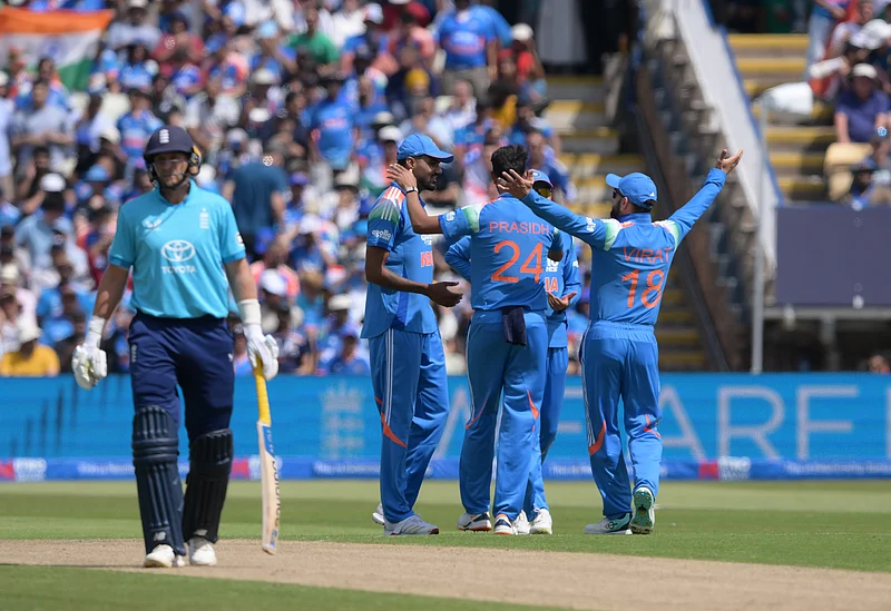 AP/Gary Oakley : Indias Gurnoor Brar, rear left, celebrates catching out Englands Jos Buttler during the First Metro Bank ODI cricket match