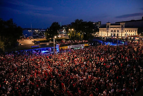 The Norway men's national soccer team is greeted by the audience at Rådhusplassen after returning to Oslo, Norway, from the United States, Monday, July 13, 2026. 