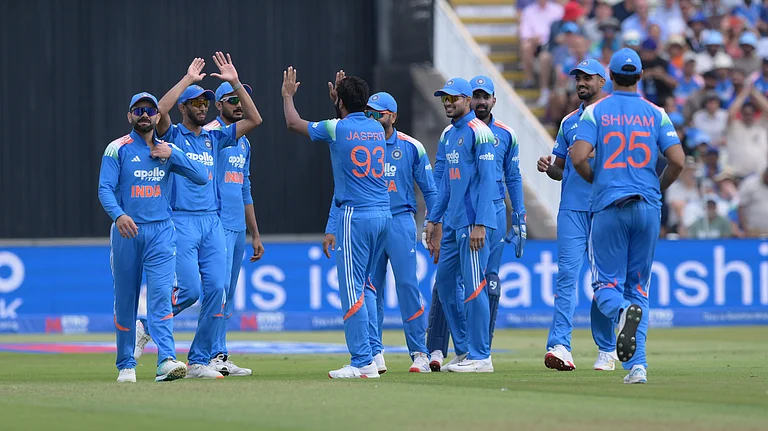 India's players celebrate the wicket of Harry Brook during the First Metro Bank ODI cricket match between England and India in Birmingham, England, Tuesday, July 14, 2026 - (Gary Oakley/PA via AP)