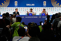 FIFA World Cup 2026: Spain Sweat It Out In Training Ahead Of Semifinal Vs France | Photo: AP/Tony Gutierrez : Spain's Lamine Yamal, center top, responds to a question during a news conference Monday, July 13, 2026, in Arlington, Texas, ahead of the team's World Cup semifinal soccer match against France.