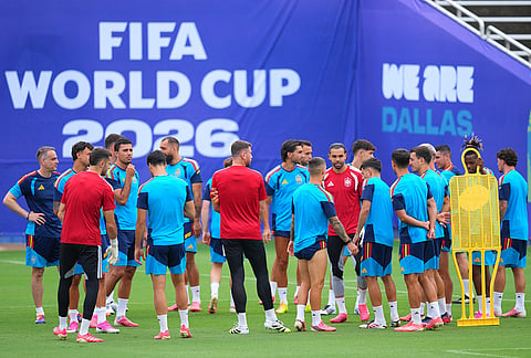 Spain players gather during a training session ahead of the team's semifinal soccer match against France, Monday, July 13, 2026, in Dallas. 