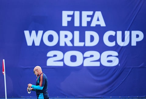 Spain head coach Luis de la Fuente arrives on the pitch for a training session ahead of his team's semifinal soccer match against France, Monday, July 13, 2026, in Dallas. 