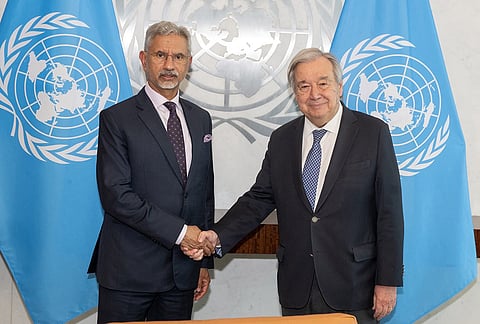 Union External Affairs Minister S Jaishankar, left, exchanges a handshake with United Nations Secretary-General António Guterres, in New York. 