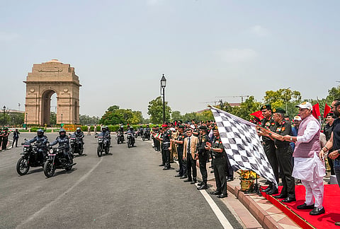 Union Defence Minister Rajnath Singh launches the ‘Shaurya Vijay Yatra’ motorcycle expedition, from National War Memorial to Kargil War Memorial in Dras, Ladakh, honouring the Indian armed forces and former servicemen, in New Delhi. Chief of the Army Staff (COAS) General Dhiraj Seth and Chief of Defence Staff (CDS) General NS Raja Subramani are also present. 