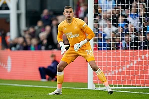 (AP Photo/Steve Luciano, File) : The then-Newcastle’s goalkeeper Karl Darlow in action during the second half of an English Premier League soccer match against Crystal Palace at Selhurst Park in London, Saturday, Oct. 23, 2021.