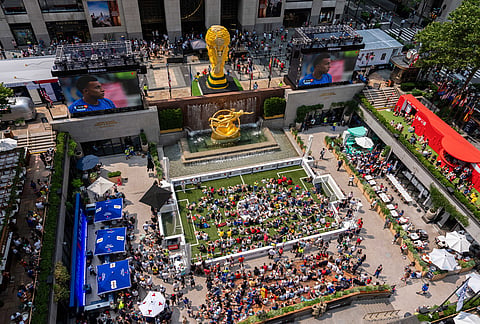 Fans prior to the World Cup semifinal soccer match between Spain and France at a watch party at the Rockefeller Center fan village, Tuesday, July 14, 2026, in New York. 