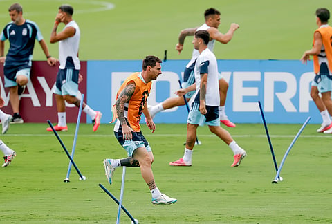 Argentina's Lionel Messi participates in a training session the day before the World Cup semifinal soccer match between Argentina and England in Marietta, Ga., Tuesday, July 14, 2026.