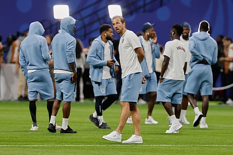 England's Harry Kane (9) walks on the pitch before the World Cup semifinal soccer match between England and Argentina in Atlanta