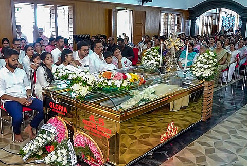 People pay last respects to the mortal remains of Kottarakkara natives A C Thomas (57) and his wife Loveni Thomas (56), who died in the recent boat tragedy in Vietnam, during a tribute ceremony, in Kollam district, Kerala.