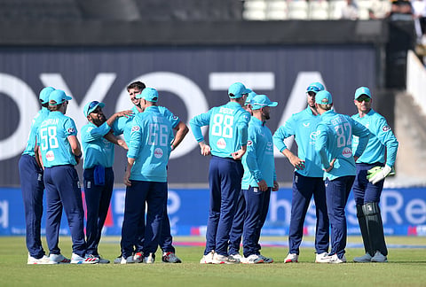 England players celebrate the wicket of India's KL Rahul during the first ODI cricket match between England and India in Birmingham, England, Tuesday, July 14, 2026. 