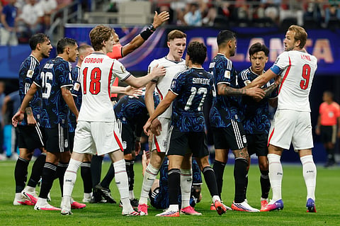 Players argue during the World Cup semifinal soccer match between England and Argentina in Atlanta, Wednesday,