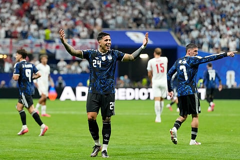 Enzo Fernandez reacts after scoring his side's first goal during the World Cup semifinal soccer match 