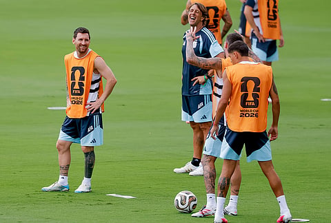 Argentina's Lionel Messi, left, participates in a training session the day before the World Cup semifinal soccer match between Argentina and England in Marietta, Ga., Tuesday, July 14, 2026.