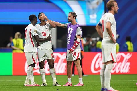England's Jude Bellingham (10) reacts after the World Cup semifinal soccer match between England and Argentina in Atlanta, Wednesday, July 15, 2026.