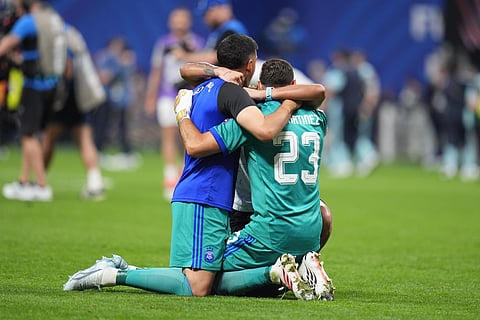 Argentina players celebrate at the end of the World Cup semifinal soccer match between England and Argentina in Atlanta, Wednesday