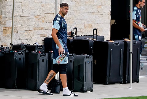 Argentina goalkeeper Emiliano Martinez arrives at a training session the day before the World Cup semifinal soccer match between Argentina and England in Marietta, Ga., Tuesday, July 14, 2026.