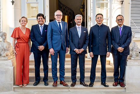 Union External Affairs Minister S Jaishankar, Union Commerce and Industry Minister Piyush Goyal, Union Minister of State for Commerce and Industry Jitin Prasada and Principal Scientific Advisor Ajay K Sood during a meeting with the Belgium's Minister-President of the Government of Flanders Matthias Diependaele, in Brussels. 