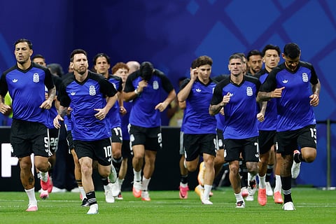 Argentina players warm up for the World Cup semifinal soccer match between England and Argentina in Atlanta, Wednesday