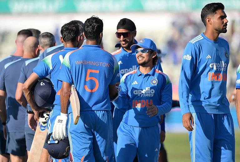 India's Washington Sundar celebrates with teammates following the first ODI cricket match between England and India in Birmingham, England, Tuesday, July 14, 2026. - | Photo: Gary Oakley/PA via AP
