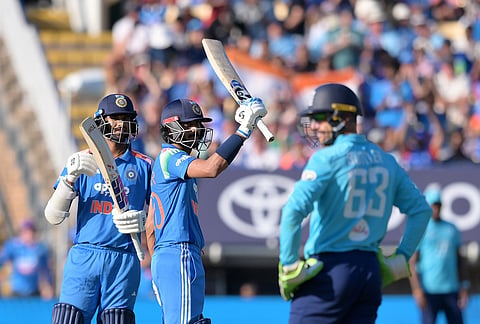 India's Axar Patel celebrates his fifty during the first ODI cricket match between England and India in Birmingham, England, Tuesday, July 14, 2026. 