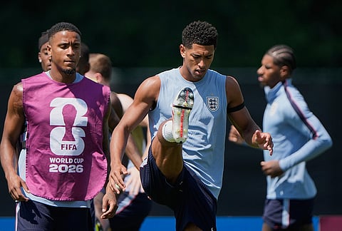 England's Jude Bellingham, center, trains with teammates for the World Cup soccer tournament Tuesday, July 14, 2026, in Kansas City, Missouri.