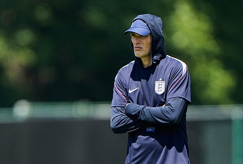 England head coach Thomas Tuchel watches training for the World Cup soccer tournament Tuesday, July 14, 2026, in Kansas City, Missouri.
