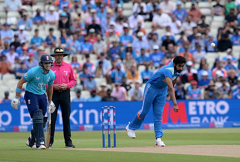 India's Jasprit Bumrah, right, bowls during the First Metro Bank ODI cricket match between England and India in Birmingham, England, Tuesday, July 14, 2026. 