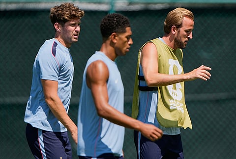 England's Harry Kane, right, trains with teammates for the World Cup soccer tournament Tuesday, July 14, 2026, in Kansas City, Missouri.
