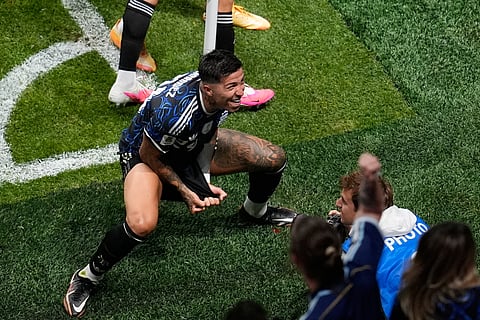 Argentina player celebrates after scoring their second goal during the World Cup semifinal soccer match between England and Argentina in Atlanta