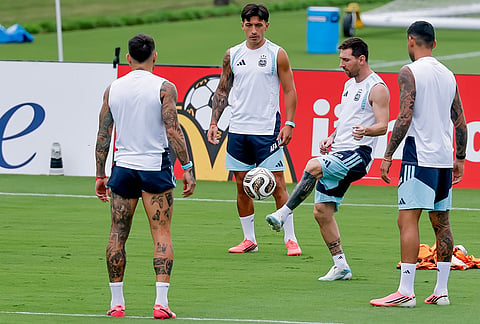 Argentina's Lionel Messi, second right, participates in a training session the day before the World Cup semifinal soccer match between Argentina and England in Marietta, Ga., Tuesday, July 14, 2026. 