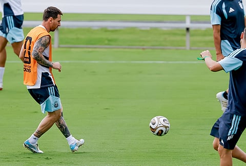 Argentina's Lionel Messi participates in a training session the day before the World Cup semifinal soccer match between Argentina and England in Marietta, Ga., Tuesday, July 14, 2026. 