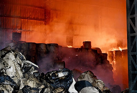 Fire engulfs paper rolls inside a factory, in Shivamogga, Karnataka. No casualties were reported, while firefighters worked to bring the blaze under control and prevent it from spreading to nearby industrial units. 