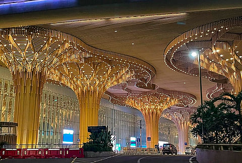 A decorated exterior of the new Terminal 2 of the Lokpriya Gopinath Bordoloi International Airport (LGBIA), in Guwahati. The design of the terminal is inspired from the natural and cultural heritage of Assam, and was recently named among the most beautiful airports in the world. 
