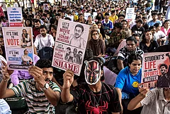 People participate in a protest at Azad Maidan demanding a transparent, accountable and corruption-free examination system, and seeking the resignation of Union Education Minister Dharmendra Pradhan over the NEET paper leak case, in Mumbai. - | Photo: PTI