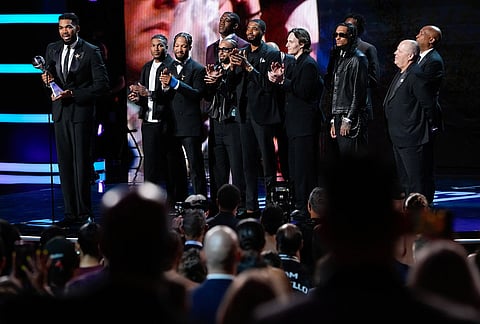 Members of the New York Knicks accept the best team award at the ESPY Awards in the David H. Koch Theater at Lincoln Center Wednesday, July 15, 2026, in New York.
