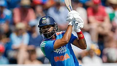 Shreyas Iyer brings up his half-century with a six against England in the 2nd ODI in Cardiff. - X/BCCI