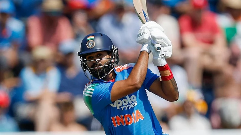 Shreyas Iyer brings up his half-century with a six against England in the 2nd ODI in Cardiff. - X/BCCI