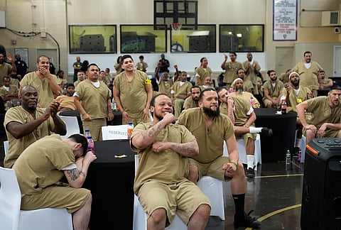 Rikers Island inmates watch the World Cup semifinal soccer match between England and Argentina, at the jail complex in New York, Wednesday, July 15, 2026.