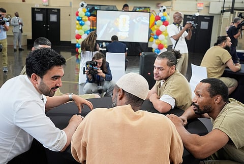 New York City Mayor Zohran Mamdani speaks with inmates on Rikers Island as they watch the World Cup semifinal soccer match between England and Argentina on Wednesday, July 15, 2026, in New York. 